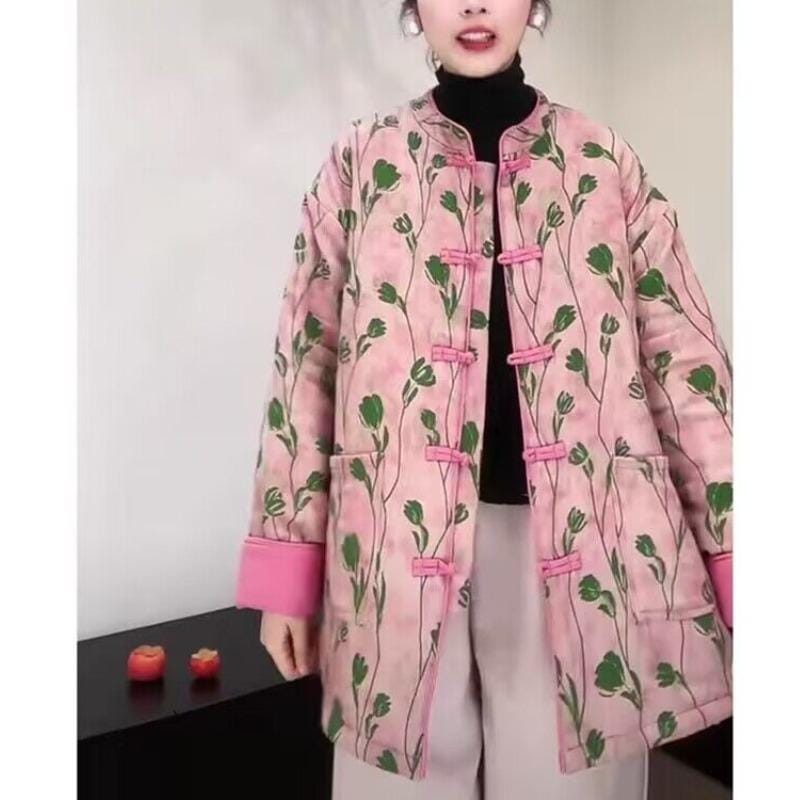 秋服 レディース ファッション オシャレ カワイイ シンプル 大人カワイイ 大きいサイズ キルティング チューリップ プリント 綿 ジャケット 冬 スタンドカラー プレート ボタン