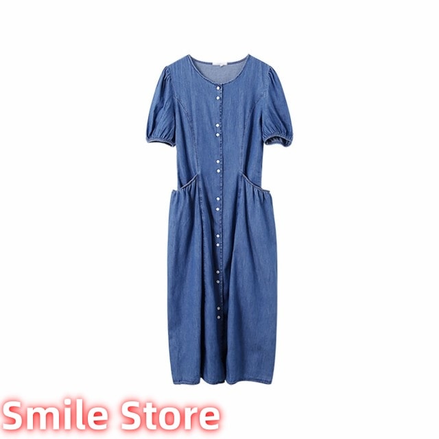 着せ レディース かわいい ゆったり 夏 デニムワンピース 低身長 カジュアル レトロ ロング丈 おしゃれ リゾートワンピース 半袖 パフスリーブ きれいめ