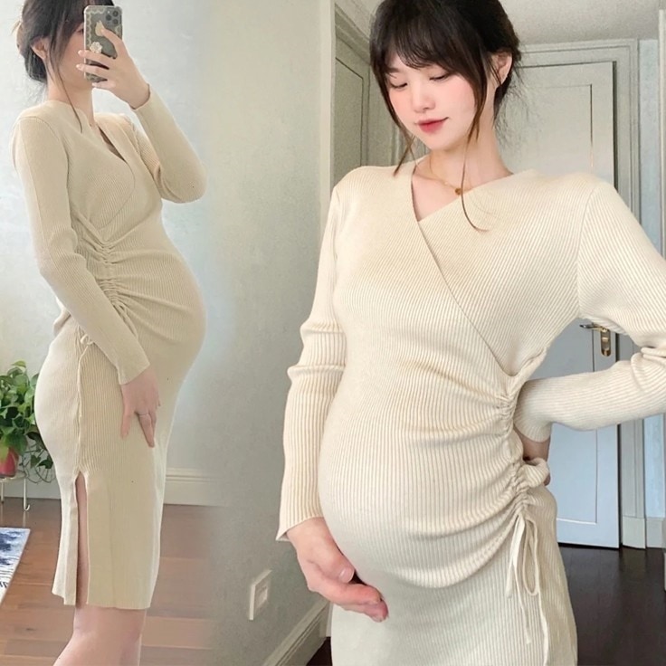 マタニティドレス ワンピース ミニ ミニ丈 膝上 長袖 Vネック タイト 細身 かわいい 大人可愛い
