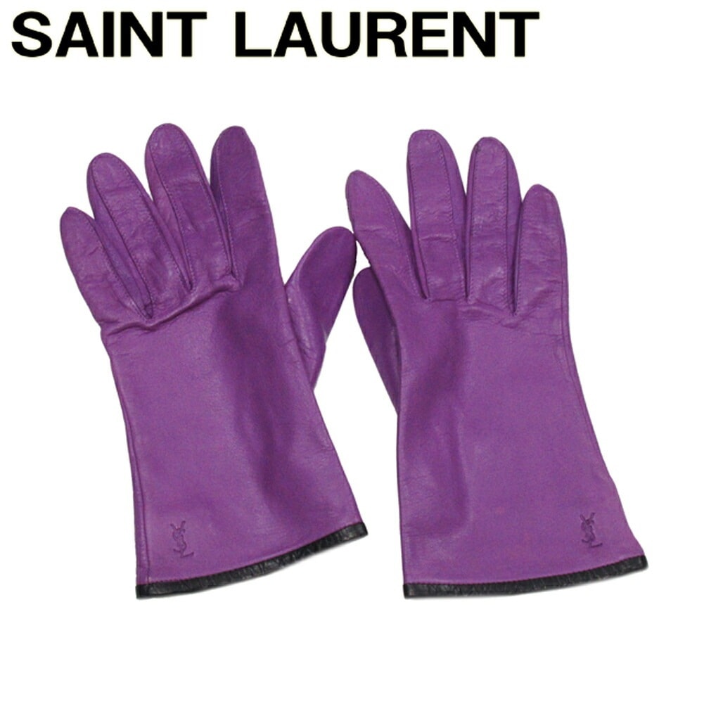 手袋 グローブ YSLロゴ レディース パープル ブラック 中古