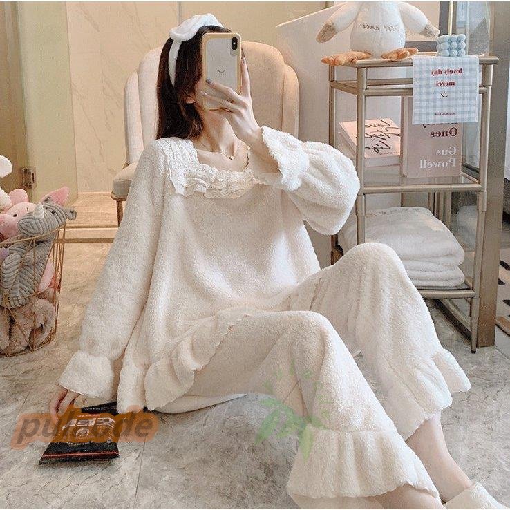 ルームウェア 上下セット もこもこ レディース パジャマ 厚手 ゆったり 刺繍ロゴ 可愛い 冬 部屋 ルームウェア