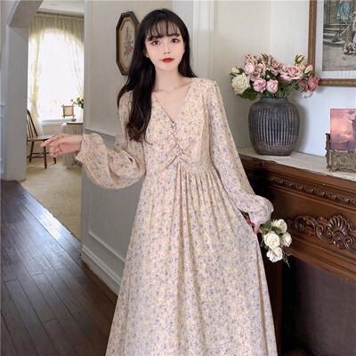 ワンピース ミモレ丈ワンピース 長袖 ボリューム袖 Vネック ミモレ丈 セミフレア シースルー かわいい 大人可愛い きれいめ シンプル 上品 おしゃれ かっこいい レトロ こなれ感 個性的 主役級