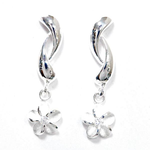 ハワイアンジュエリー スタッドピアス プルメリア 花 クリアジルコニア カールフレーム レディース シルバー925
