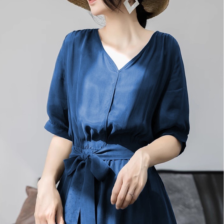 レディース ワンピース ミモレ ロング 5分袖 Vネック フレア スリム 細身 Aライン ウエストリボン 大人可愛い きれいめ シンプル 上品 おしゃれ かっこいい レトロ ガーリー クール モダン