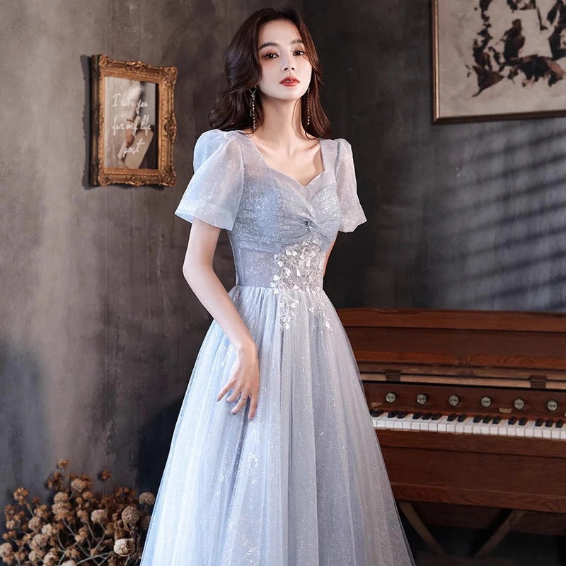 お呼ばれドレス イブニングドレス スカート 女性 宴会 上品 ニッチ ハイエンド 高級感 声楽 ブライズメイド 年次総会 司会 ブルー