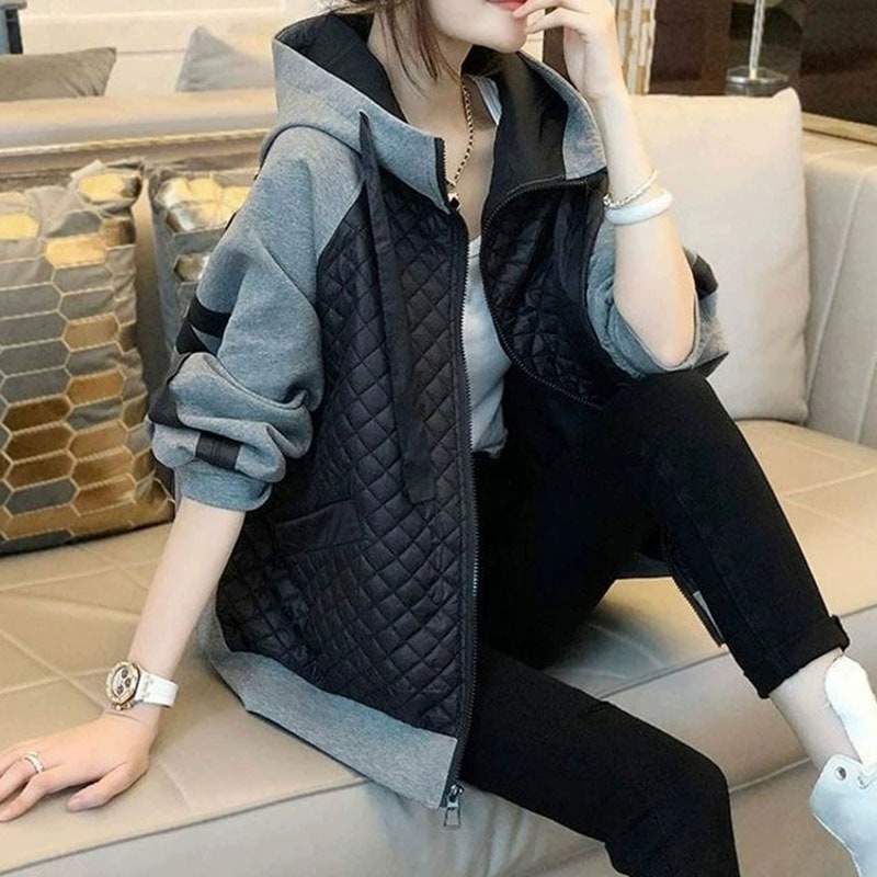 店長推薦 シンプル 配色 長袖 切り替え ショート丈 フード付き ジッパー ジャケット