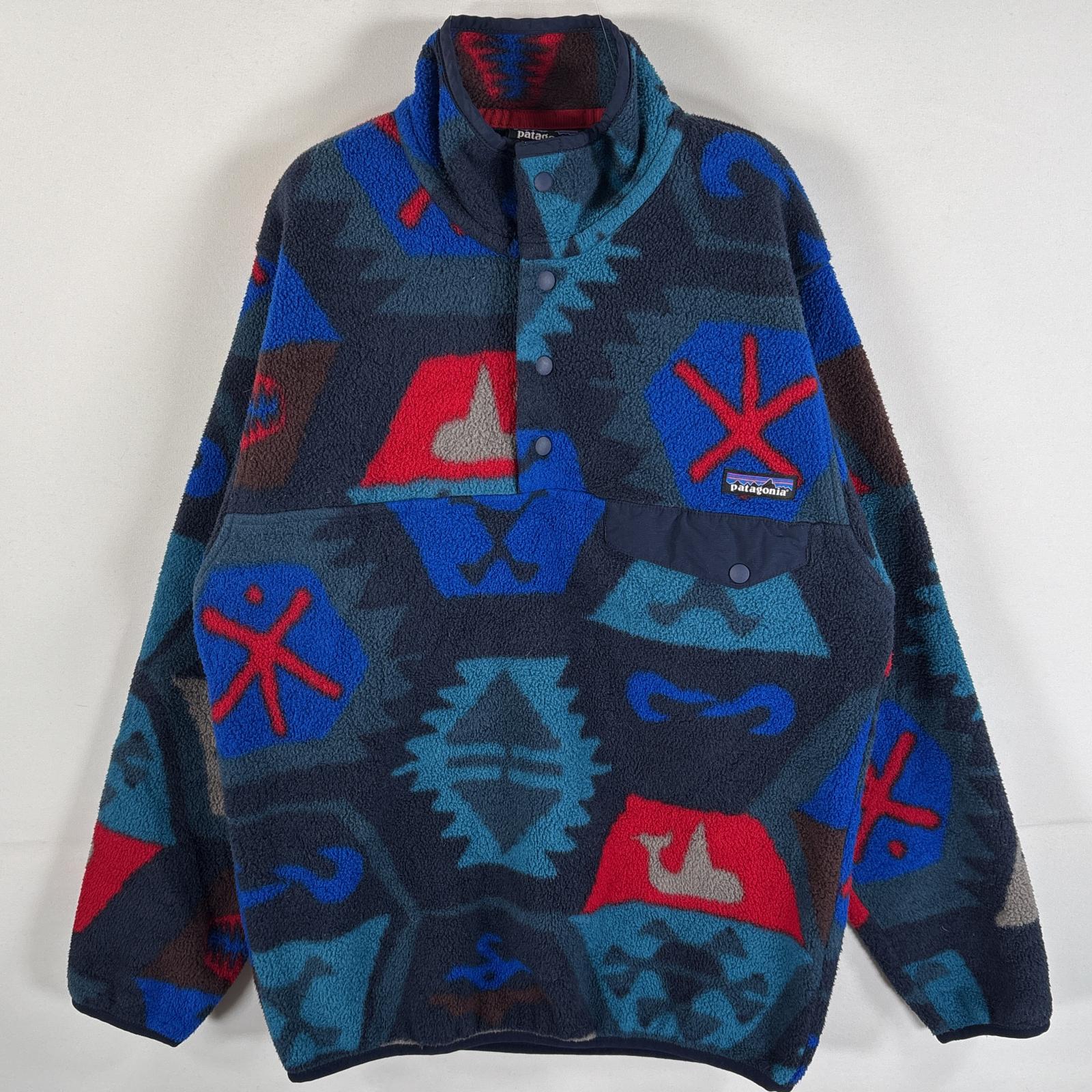 古着 フリースジャケット ネイティブ柄 シンチラ スナップT マルチカラー 小さいサイズ XS ブルー系 総柄 メンズ