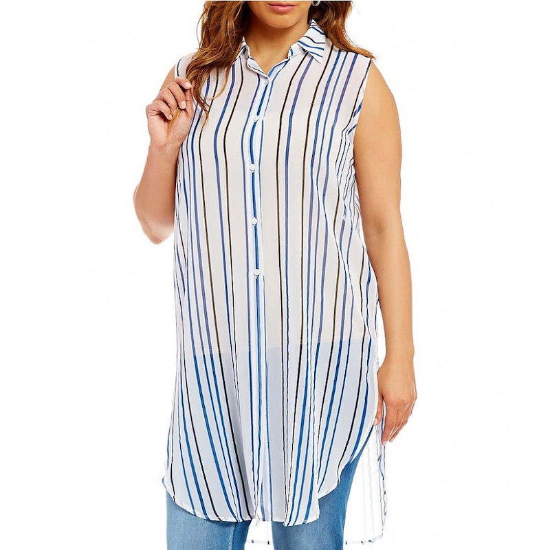 ピーター ナイガード レディース トップス ブラウス・シャツ【Peter Nygard Plus Alex Button Front Maxi Blouse】Black/Blue Stripe ピーター ナイガード レディース トップス ブラウス・シャツ【Peter Nygard Plus Alex Button Front Maxi Blouse】Black/Blue Stripe