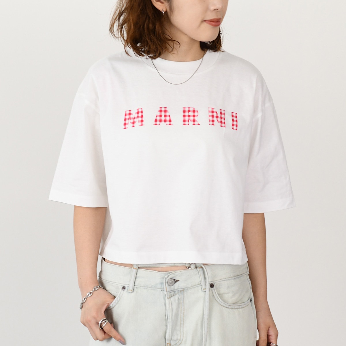Tシャツ トップス THJE0333P6 USCX52 レディース アイボリー ホワイト ジャージーコットン チェック ロゴT クロップド丈 半袖 春夏