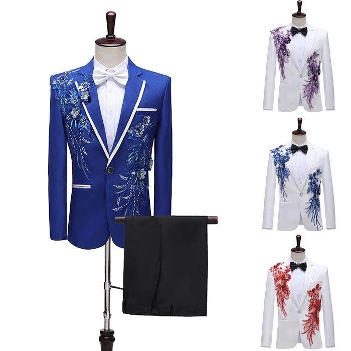 メンズステージ衣装 スーツセット スパンコールジャケット 立体的花柄 ズボン 舞台衣装 キラキラ 花柄 スパンコール 礼服 合唱 団体服 コンサート 司会者 宴会30%までに制限
