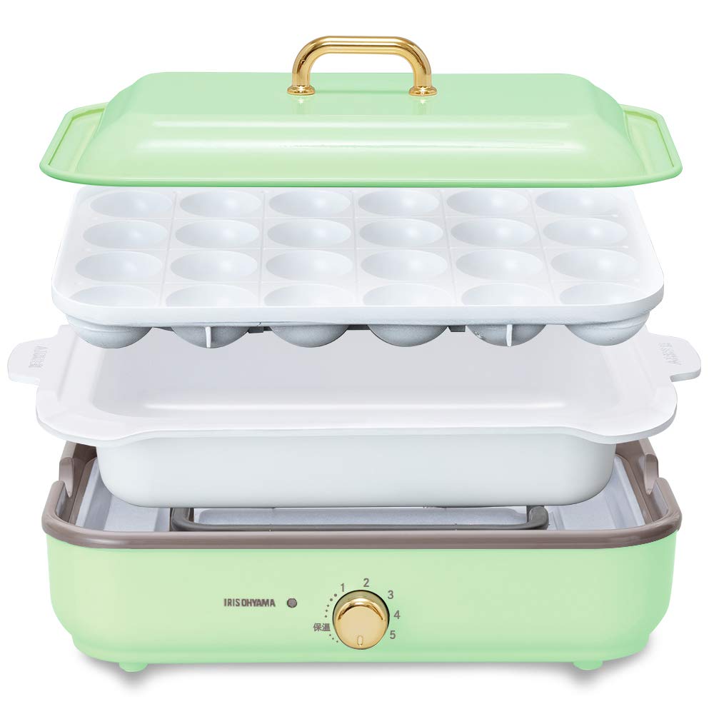 アイリスオーヤマ ホットプレート たこやき器 深鍋 2way 洗いやすい おしゃれ 温度調節機能付き 保証付き PHP-1002TC-G スモーキーグリーン