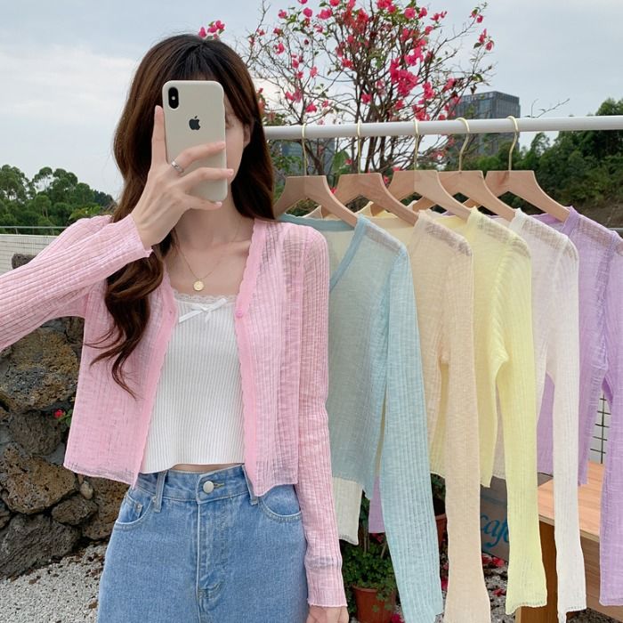 人気 カーディガン uvカットの薄手日焼け止めアウターVネック長袖ニット26新作ショート丈トップスレディース 韓国ファッション