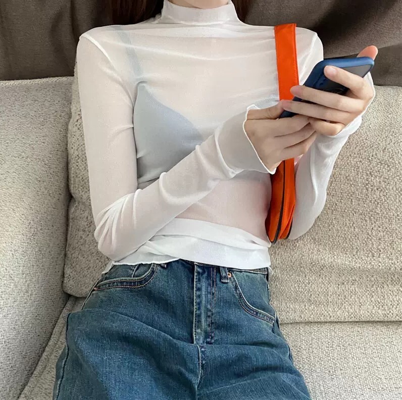 トップス シースルー 透け感 長袖 セクシー 個性的 カットソー 袖あり ハイネック スリム タイト 細身 薄手 かわいい 可愛い シンプル カジュアル 大人 上品 おしゃれ お洒落 かっこいい