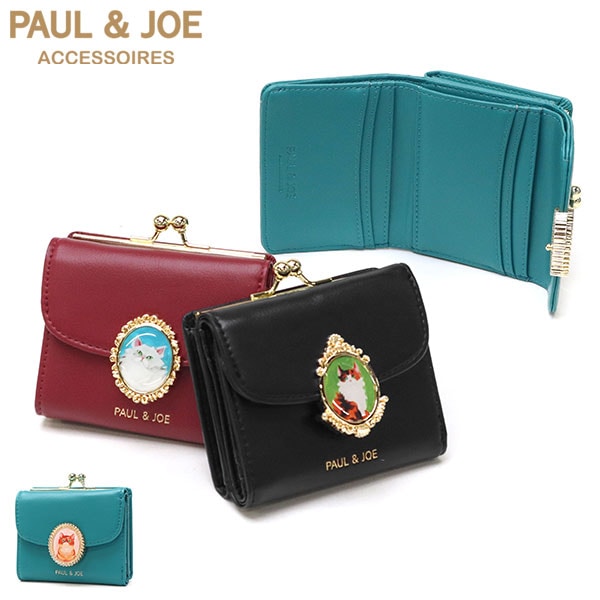 三つ折り財布 レディース コンパクト 財布 合皮 がま口 小銭入れ ミニ財布 かわいい おしゃれ 上品 猫 ネコ ねこ ブローチ CAT BROOCH 口金ミニ財布 PJA-W1172