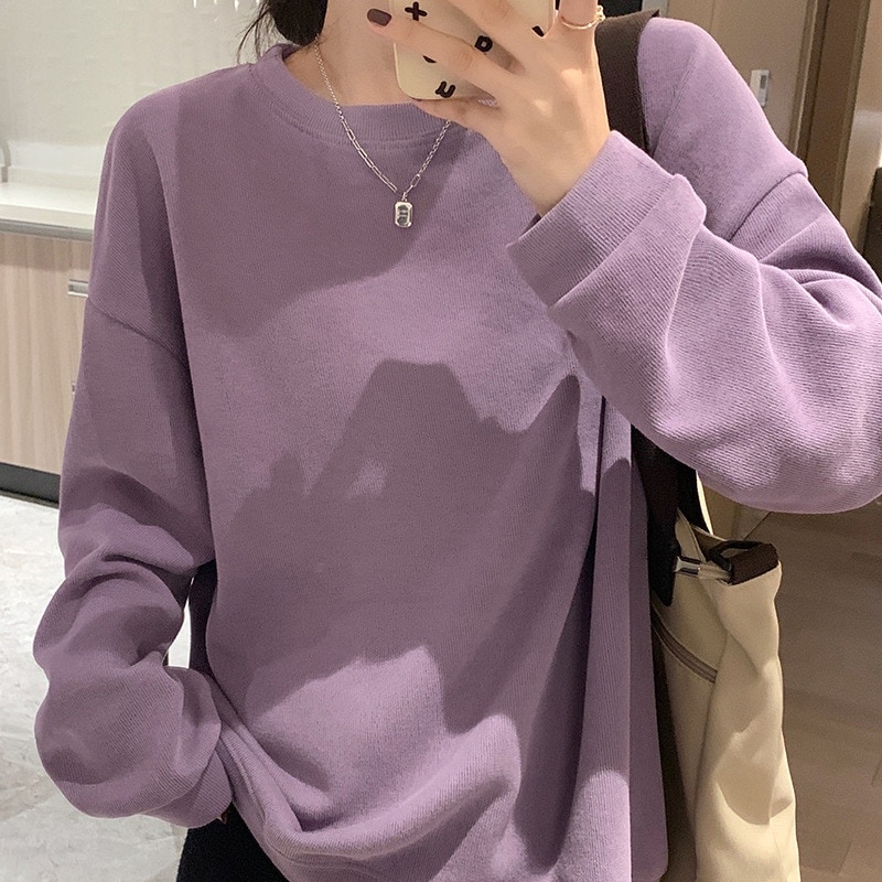 カシミヤタッチ ロンT 韓国ファッション 春夏 無地 ラウンドネック スウェット レディース ゆったり カジュアル 百掛け トップス