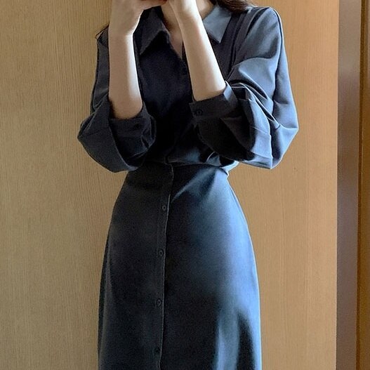 3色 ワンピース 長袖 春 夏 秋 きれいめ ロング シャツワンピース マキシ ミディアム丈 襟付き スリム 細身 スマート ハイウエスト 前開き 白 ホワイト 黒 ブラック ネイビー 大人カラー カ