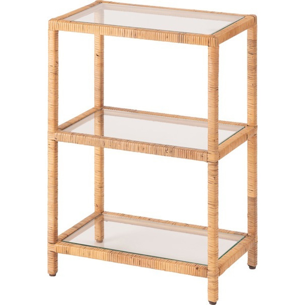 ガラスシェルフW GUY-258 シェルフ ガラス ラタン 籐 クリア 収納 収納棚 ラック オープンラック 3段 三段 見せる収納 シンプル 北欧 ナチュラル ナイトテーブル 強化ガラス コレクショ