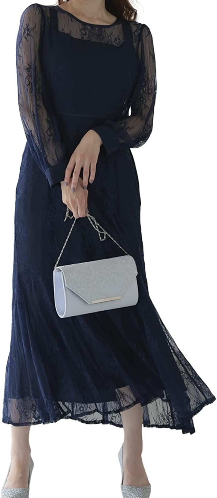 パーティ ワンピース ドレス レディース 結婚式およばれワンピース パーティードレス ファッション バックデザイン 総レース 透け感 大人 可愛い( ネイビー / 322181, S)