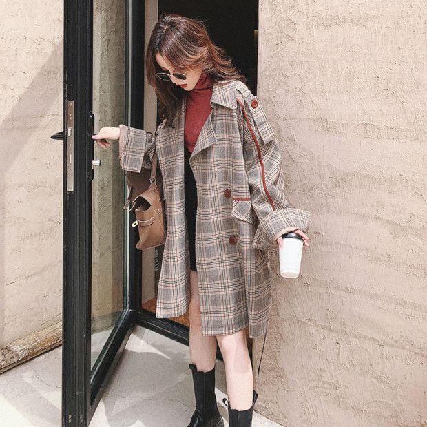2024新レトロチェック柄ウインドブレーカーレディースミドル丈小さめ韓国風ゆったり春秋風コートジャケット