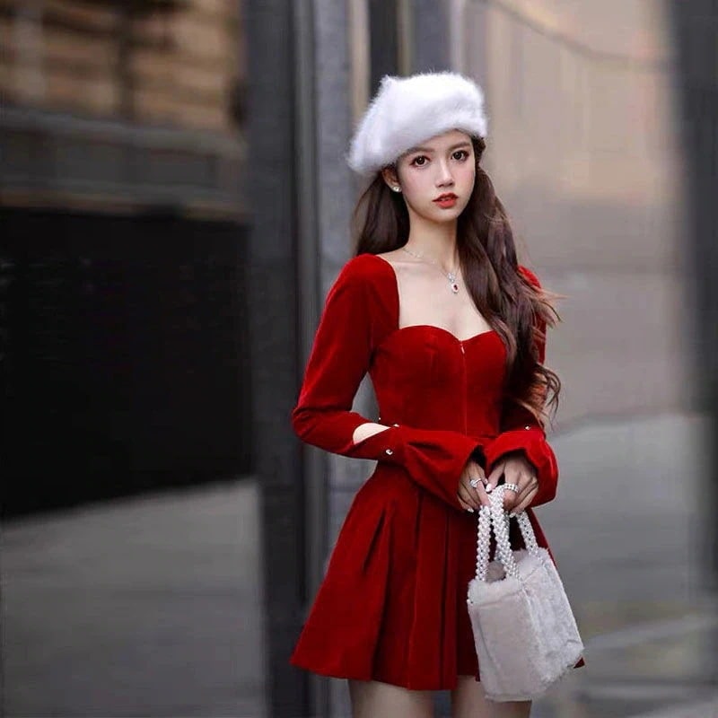 小香風マキシワンピースレッドはくしょく着痩せワンピースファッション長袖 レディースファッション タイトスカート 4,689円