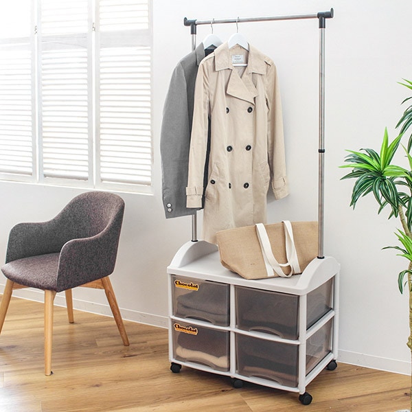 ハンガーラック 引き出し付 2段 衣装ケース キャスター付き パイプハンガー 省スペース 収納ボックス 引き出し 4杯 収納ケース 収納 コートハンガー 洋服掛け 衣類収納 ラック