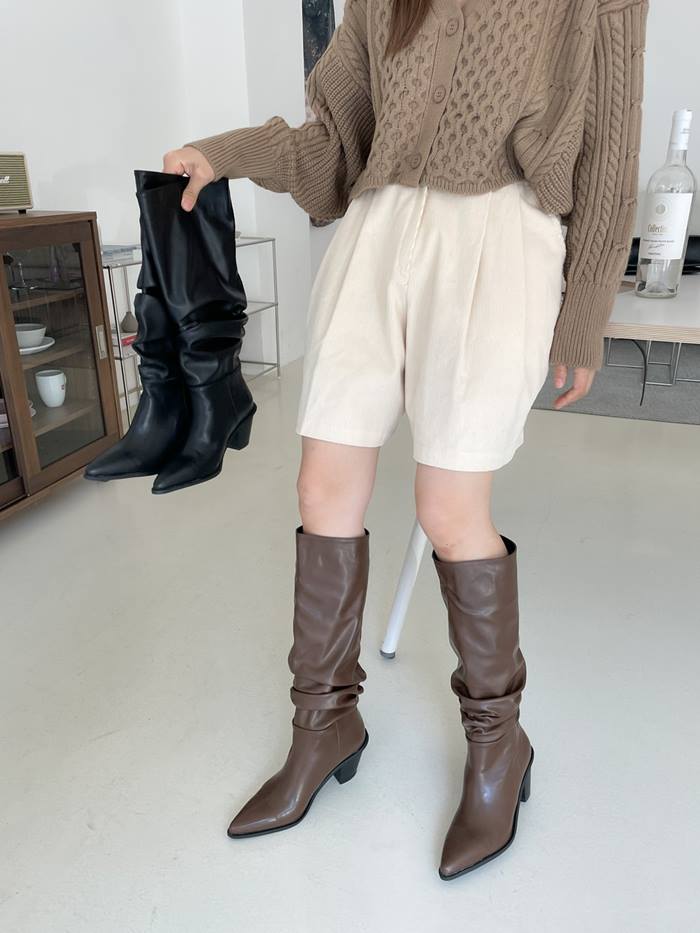 22年激安 チャンキーヒール 7cm 太めヒール ロングブーツ くしゅくしゅ ブーツ レディース シャーリング ロングブーツ カラー ブラック Learn Myhomefield Ca