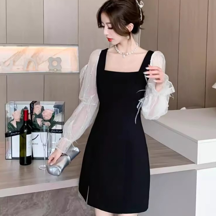 ワンピース ワンピドレス ひざ丈 長袖 Ａライン メッシュ かわいい 大人可愛い きれいめ カジュアル 大人 上品 おしゃれ お洒落 かっこいい 大人女子 ラブリー キュート ガーリー 個性的 クール