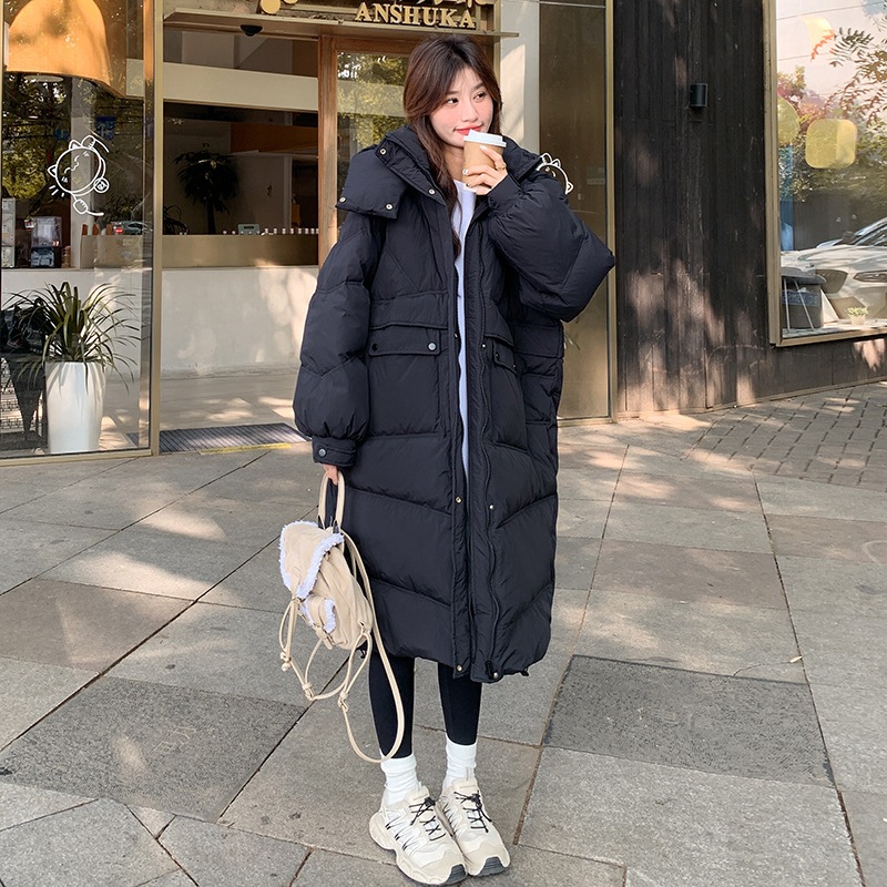 ファッショナブルな軽くて暖かい防風フード付きダウンジャケット2024新しい韓国スタイルのゆったりとした厚みのあるミドル丈グースダウンジャケット