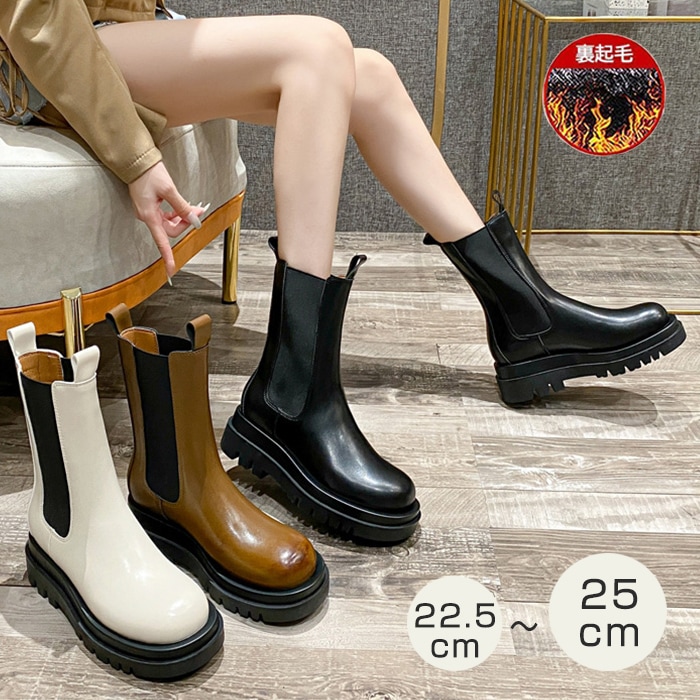 ミドルブーツ 厚底 レディース サイドゴアブーツ 裏起毛 フラット ラウンドトウ 太ヒール 美脚 可愛い 軽量 秋冬 おしゃれ オシャレ 韓国 ファッション 大人気 本革 防寒 暖かい ブラック ホワ