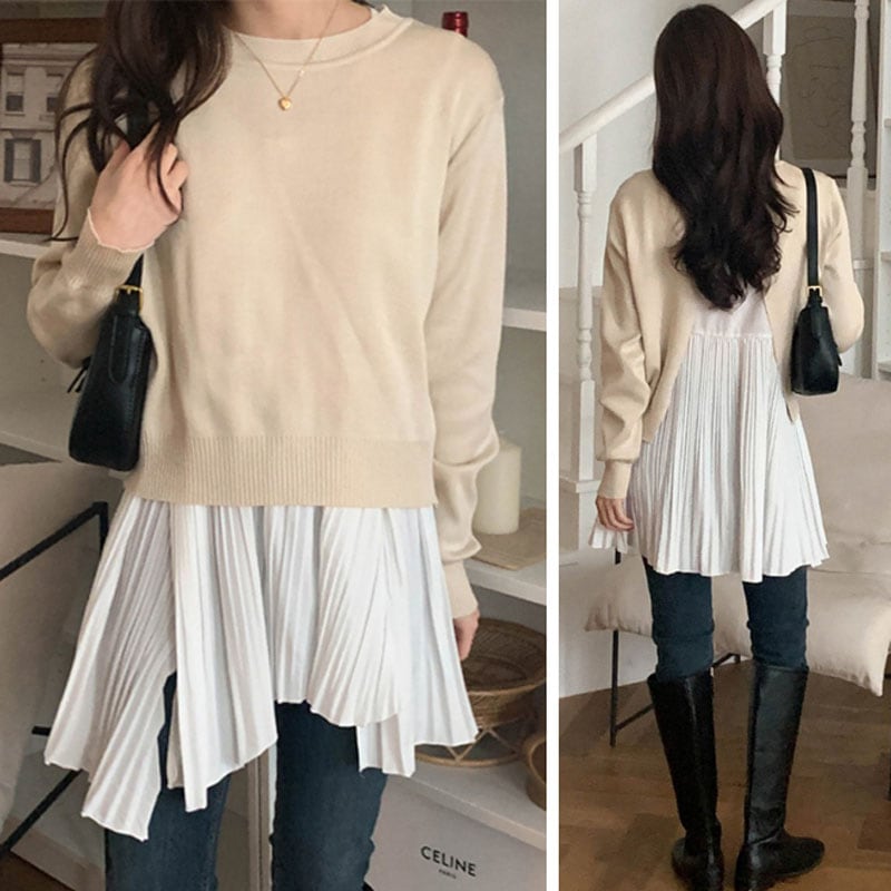バックスリットニットトップス＆ノースリーブ アンバランス丈 プリーツトップス レイヤード セットアップ 3color