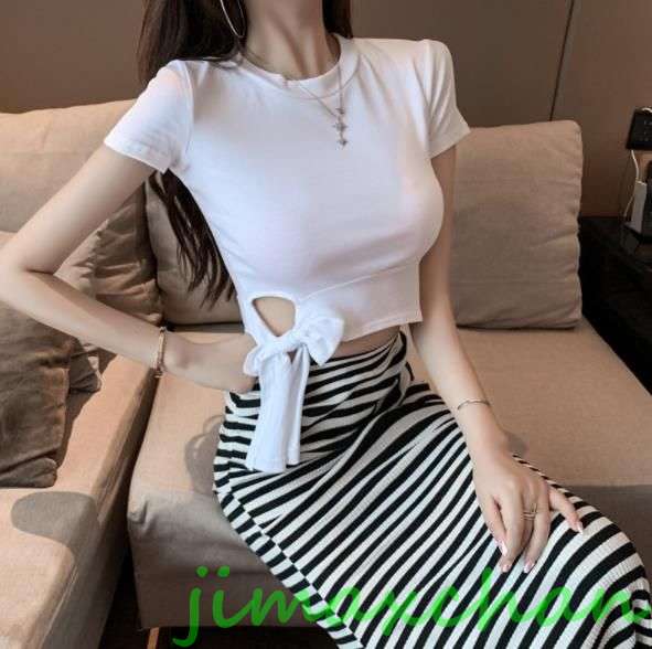 サマー　4色/胸開き Ｔシャツ 半袖 タートルネック セーター レディースファッション タートル 胸開きタート セクシー Vネック ベアトップ禁シャツ