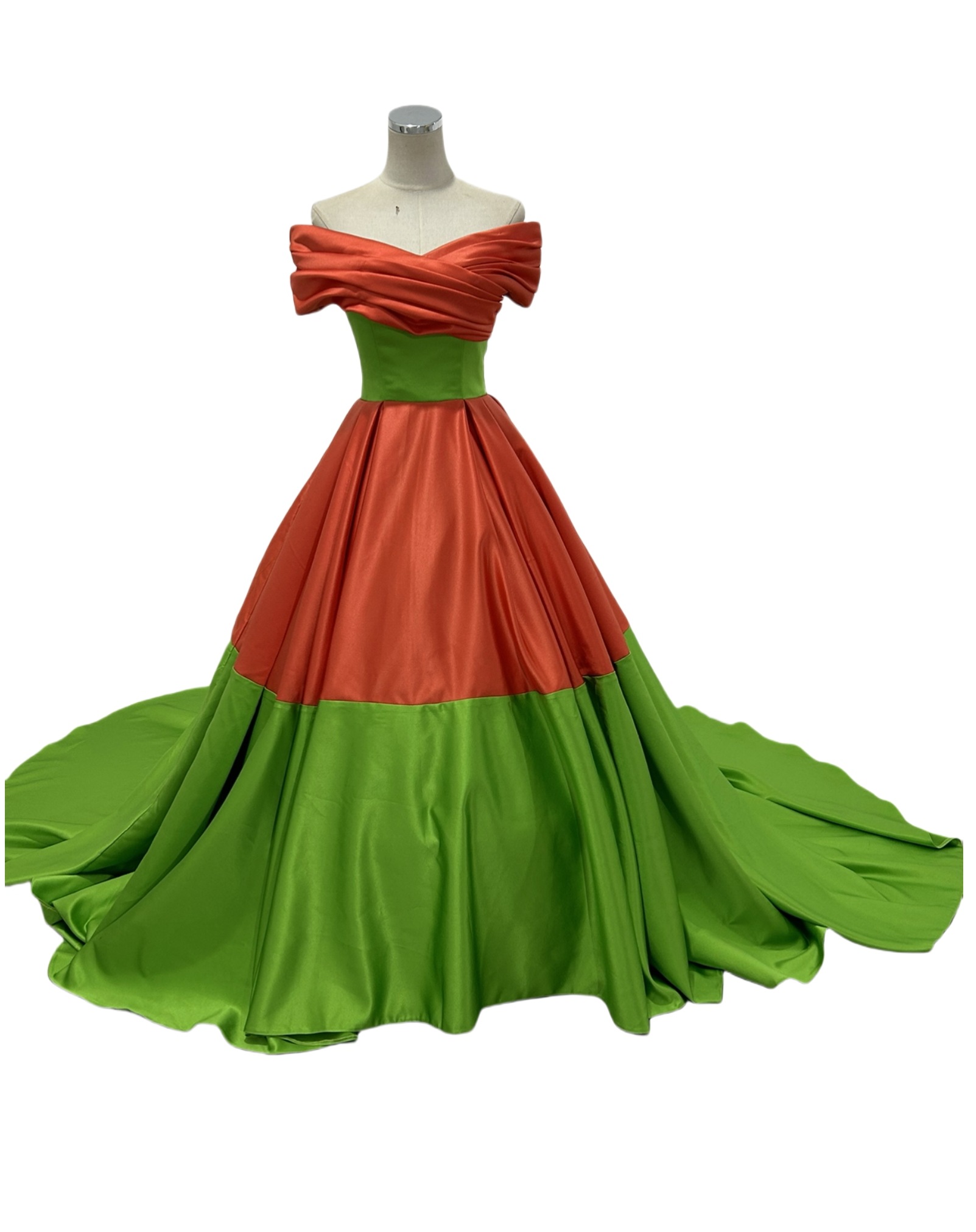 カラードレス グリーン オレンジ オフショルダー 光沢サテン ロングトレーン デザイン感 披露宴