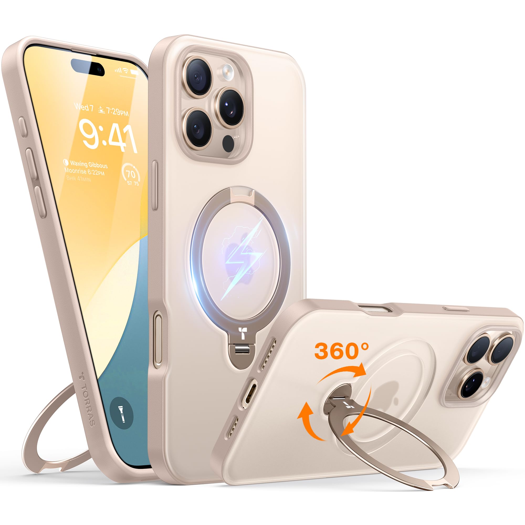 【デザートチタニウム専用色マット感】TORRAS iPhone 16 Pro Max 用 ケース ゼンマイ式スタンド【カチッ！安定性】縦横両対応 リング マグネット搭載 MagSafe対応 ワイヤレ