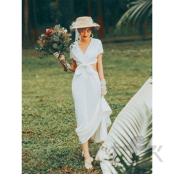 ウェディングドレス ウェディングドレス白 パーティードレス V襟 簡約 花嫁ロングドレス 露背 結婚