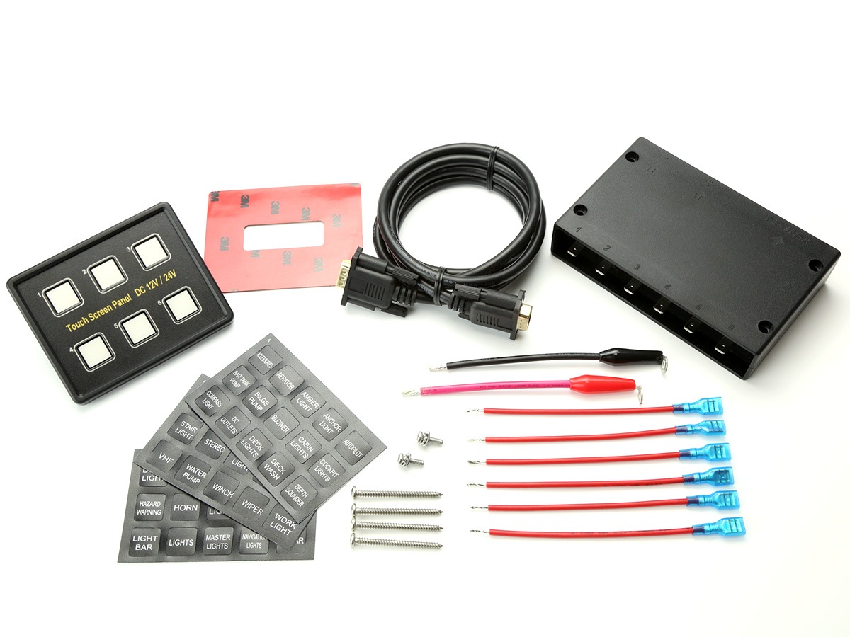 タッチ式スイッチパネル 10A6チャンネル 12V 24V兼用 防水パネル 45種の表示ステッカー付 I-278