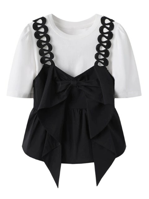 トップス Tシャツ 半袖 重ね着 2点セット リボン 蝶結び レディース大きいサイズ レディース 無地 シャツ チュニック 冬春 tシャツ uv shirt