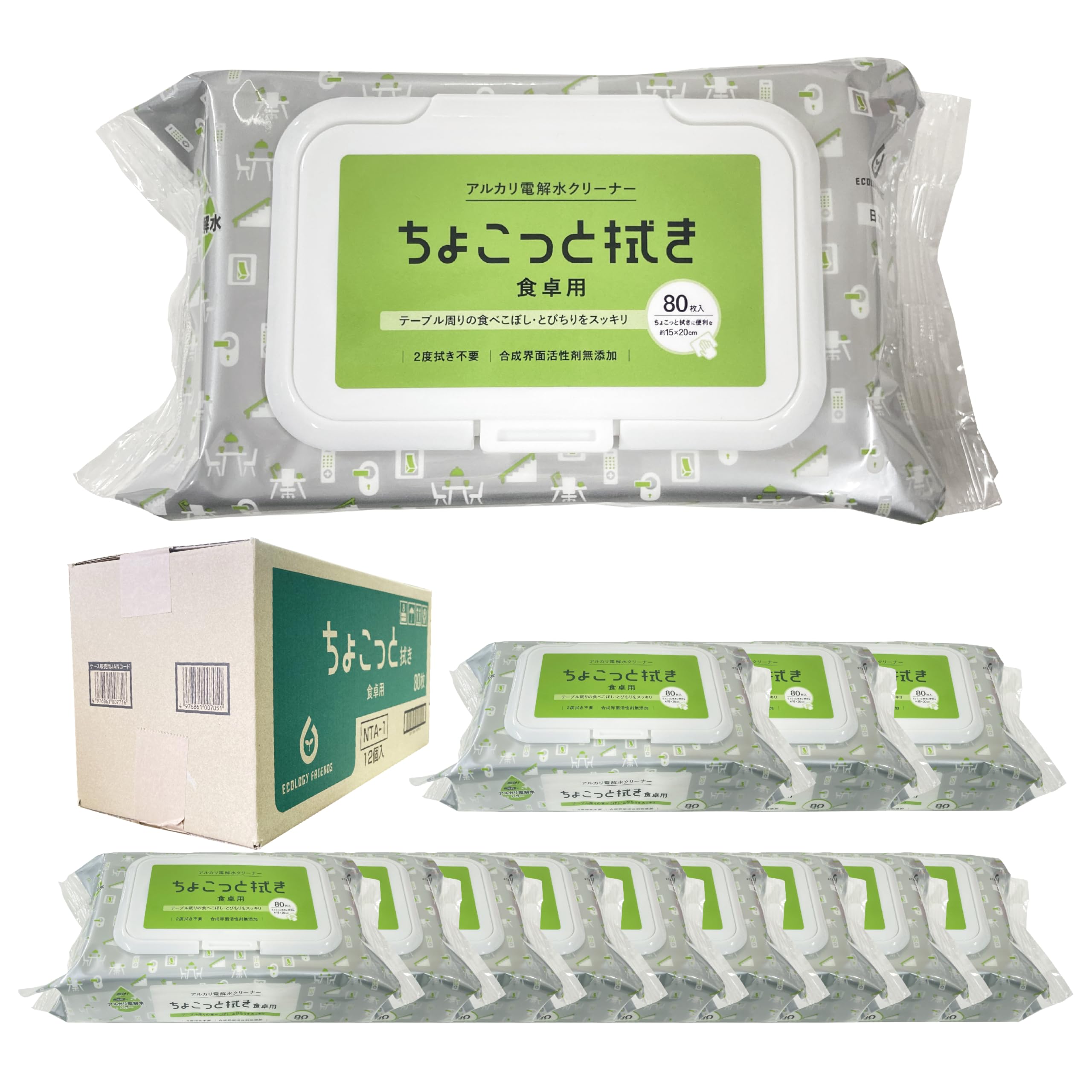 服部製紙 掃除シート アルカリ電解水クリーナー 80枚 ×12個セット ちょこっと拭き 食卓用 合成界面活性剤不使用 シートサイズ 約15×20cm 日本製 NTA-1 【ケース販売】