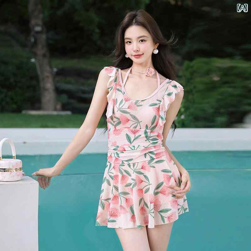 水着 レディース メンズ カップル用 ワンピース ワンピーススカート ノースリーブ フリル装飾 バックレス ネックストラップ ビーチパンツ ペアルック 花柄 フローラルプリント 体型カバー 大きいサイ