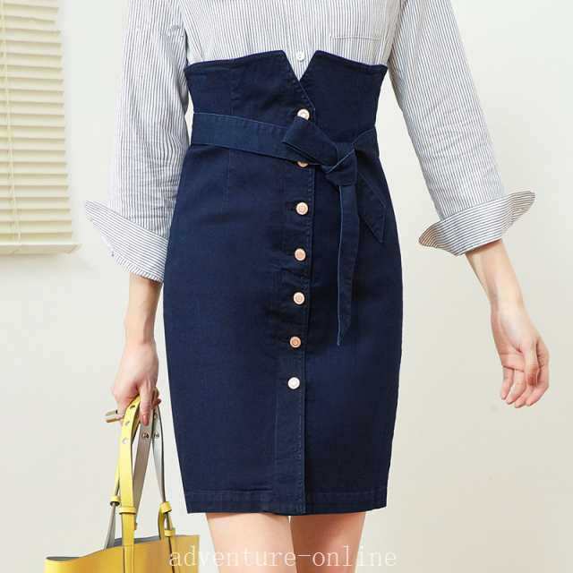 【2025新作入荷】スカート ハイウエスト デニム ボタン ベルト タイト 1379