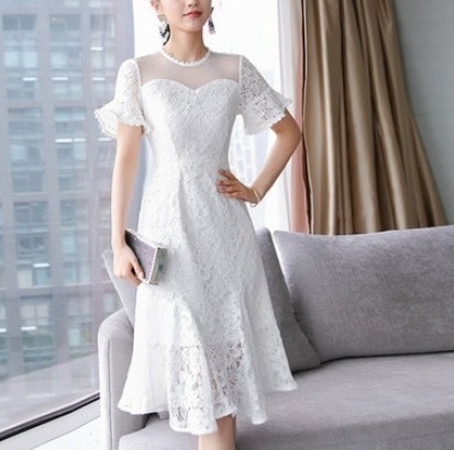 花柄レースドレス 半袖 フレア Aライン 無地 膝下丈 ミディ丈 ホワイト 透け感 エレガント フェミニン パーティー 結婚式 二次会 お呼ばれ ワンピース フォーマル 2018年新作