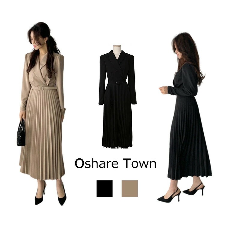 送料無料 アコーディオン ワンピース モノトーンワンピース シャツ風 フレアワンピース オープンカラー スリム シャーリング