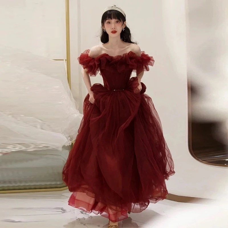 【2枚購入で 3oo円OFF！】花嫁用ワンショルダーバーガンディドレスチュチュ成人式披露宴ホストパフォーマンスイブニングドレス女性用