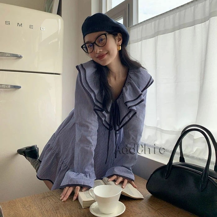 ワンピース 長袖 きれいめ 夏 春 秋 レディース ミニ丈 Vネック aライン ブルー ハイウエスト 着痩せ 綿 エレガント シンプル カジュアル 可愛い おしゃれ 旅行 食事会 女子会 通学 通勤
