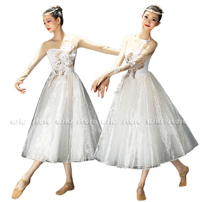 レディースモダンドレス バレエ ワンピース ダンス衣装 社交ダンス シースルー長袖 チュチュドレス スパンコール 花柄 キラキラ モダンダンス バレエ用品 バレリーナ 大きい裾ドレス 舞台衣装 ダンス