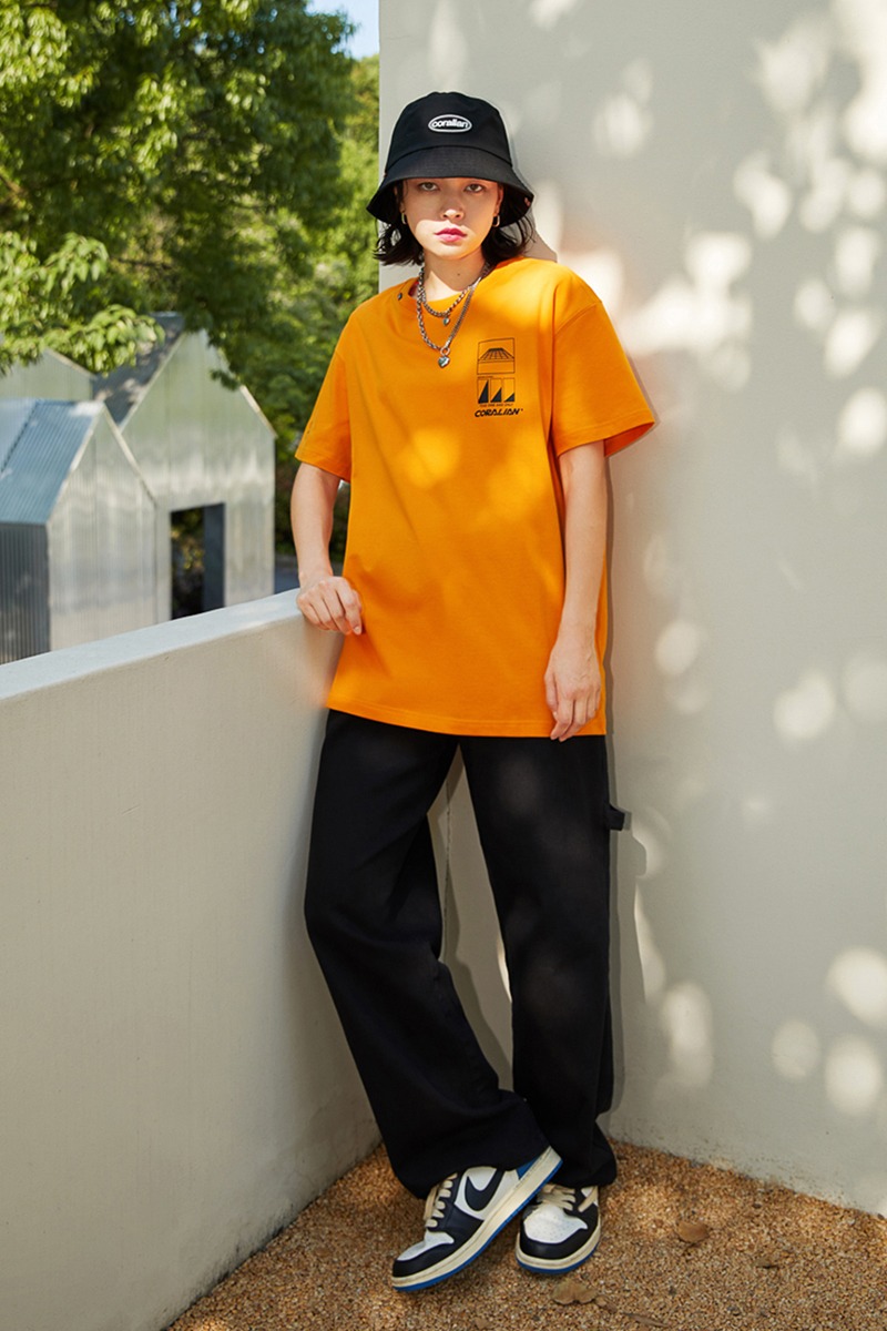 [ランオフ]グリッド マッシュ 綿Tシャツ_オレンジ[CRTC1202]