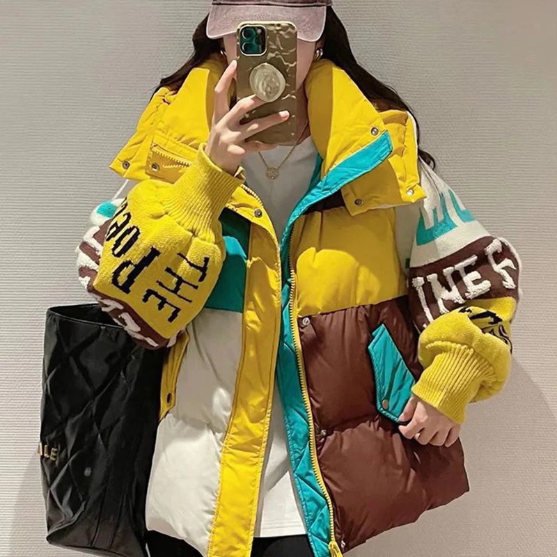 毛糸ニット袖欧品ファッション切り替えゆるい長袖ステッチダウンジャケット