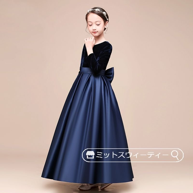 新素材新作 ピアノ発表会 Aラインドレ キッズドレス ワンピース ロングドレス 紺色 ネイビー 長袖 子供ドレス フォーマルセット ドレス サイズ 110 Sindsepers Org Br