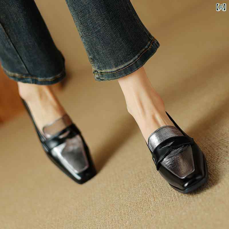 ローファー レディース オフィス カレッジ 通勤 通学 仕事 革 レトロ 厚手 ヒール シングル シューズ 女性 ミディアム ヒール 芸術的 カラーマッチング 英国 小さい 革靴