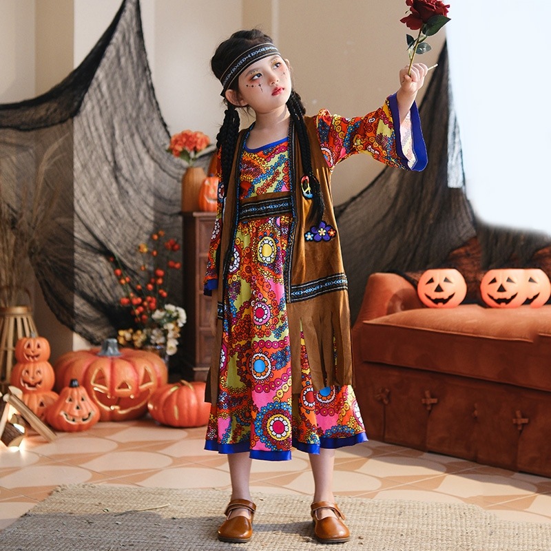ハロウィン子供用コスチュームカーニバルドレス女の子レトロ香港スタイルヒッピー6070年代パフォーマンスコスチューム