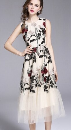 花柄ノースリーブワンピース ワンピース ミモレ丈 袖なし l ラウンドネック セミフレア レース 刺繍 かわいい 大人可愛い 大人 柄 花柄 春 夏 秋 10代 20代 30代 40代 50